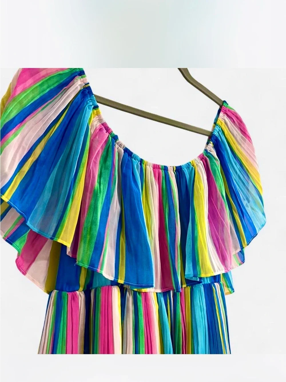 Lulus Gala Ready Multi Stripe Print Off-the-Shoulder Ruffle Midi Dress - Picture 11 of 12